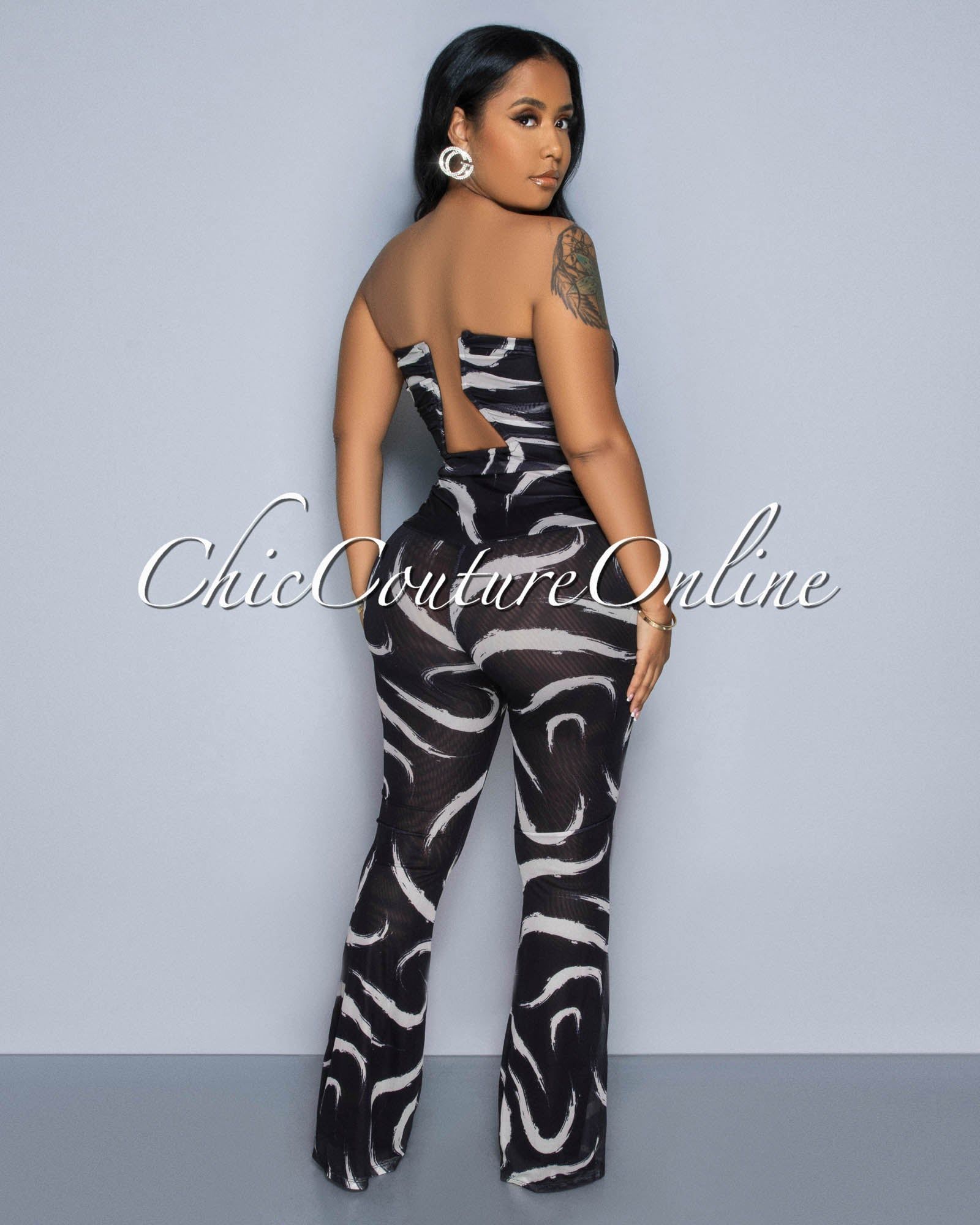 Concetta Black White Print Mesh Strapless Jumpsuit sold by Chic Couture product image thumbnail 4