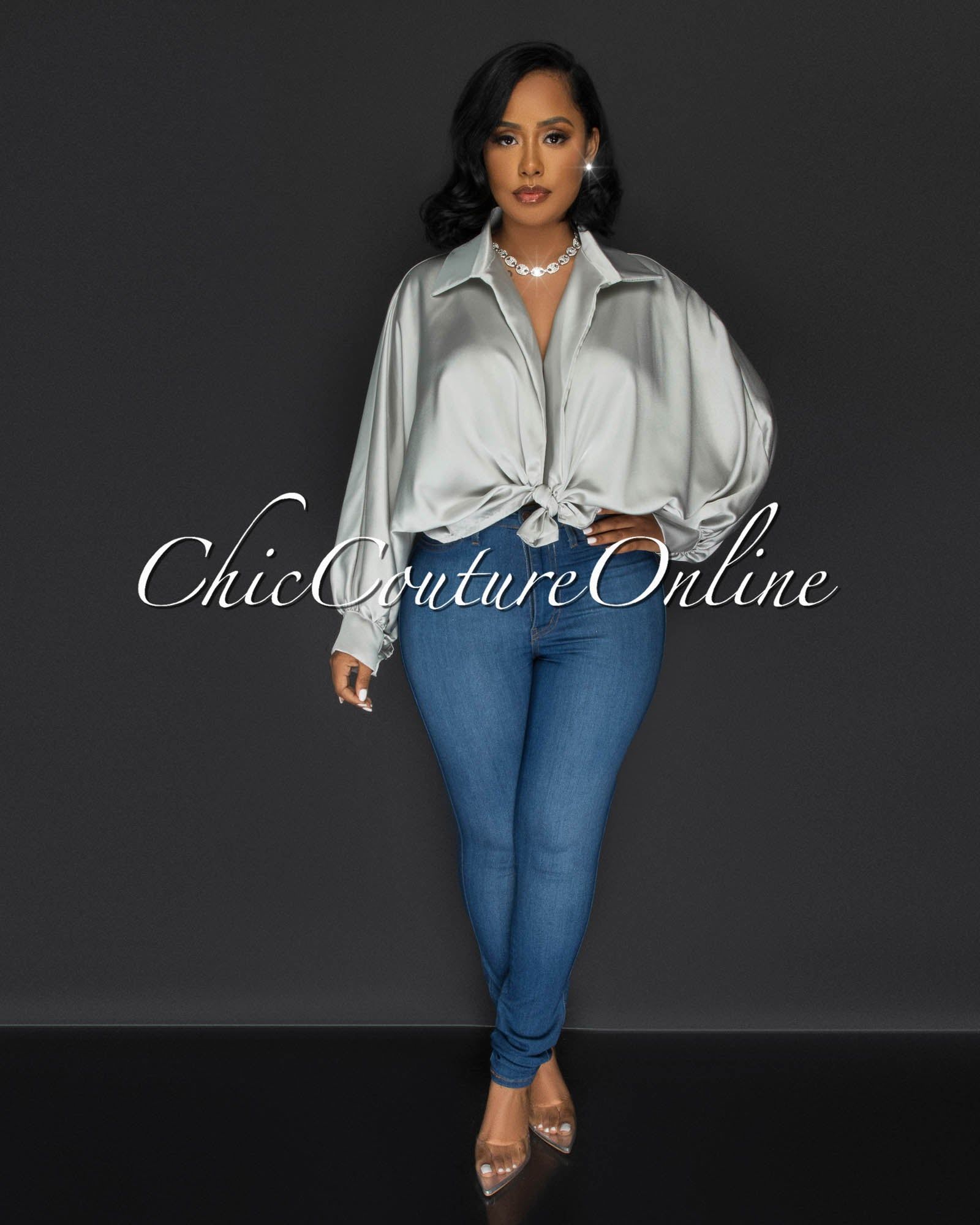 Pilar SIlver Wide Sleeves Silky Blouse sold by Chic Couture