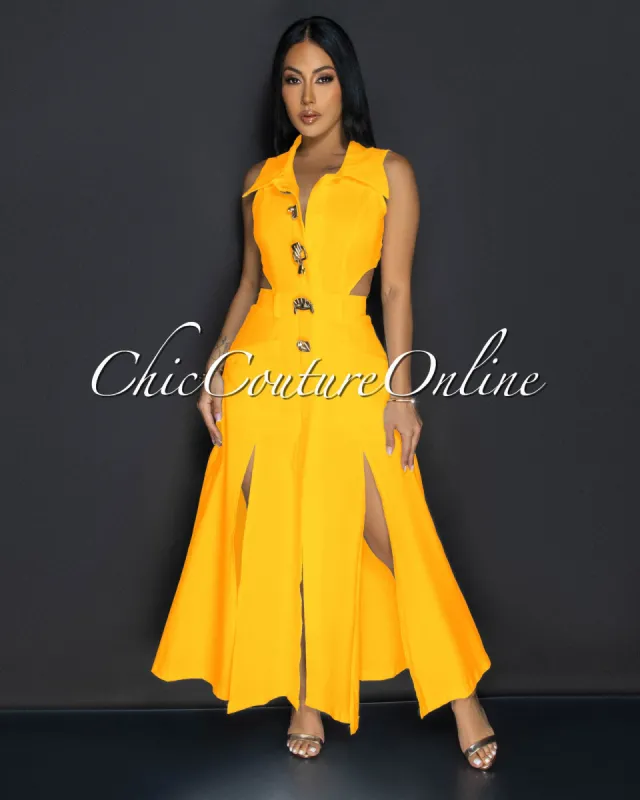 Livia Yellow Gold Buttons Midi Dress sold by Chic Couture