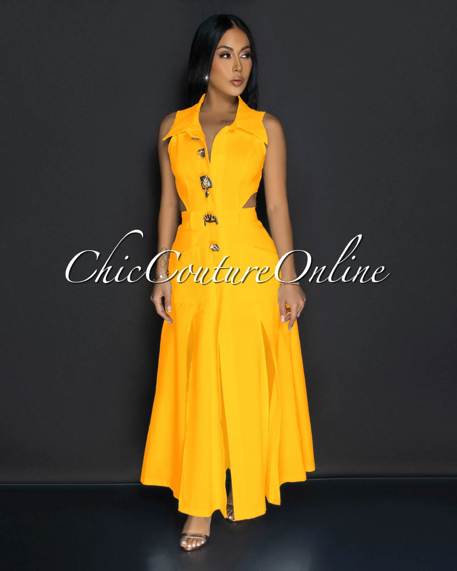 Livia Yellow Gold Buttons Midi Dress sold by Chic Couture product image thumbnail 2
