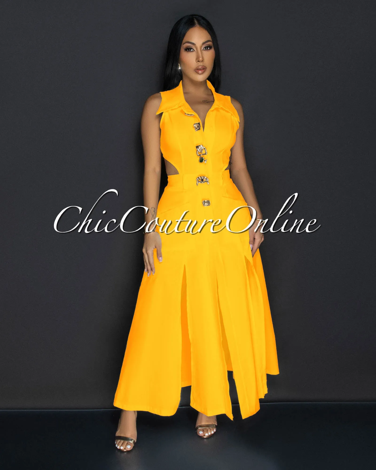 Livia Yellow Gold Buttons Midi Dress sold by Chic Couture product image thumbnail 3
