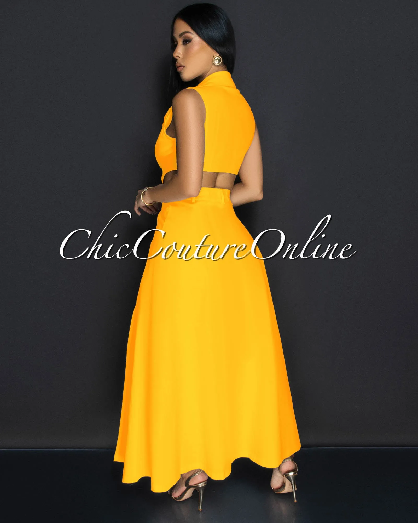 Livia Yellow Gold Buttons Midi Dress sold by Chic Couture product image thumbnail 4