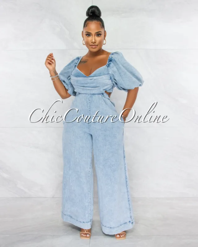 London Light Denim Bubble Sleeves Open Back Jumpsuit sold by chic