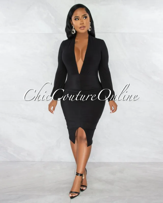 *Dager Black Deep-V Draped Front Slit Midi Dress sold by Chic Couture