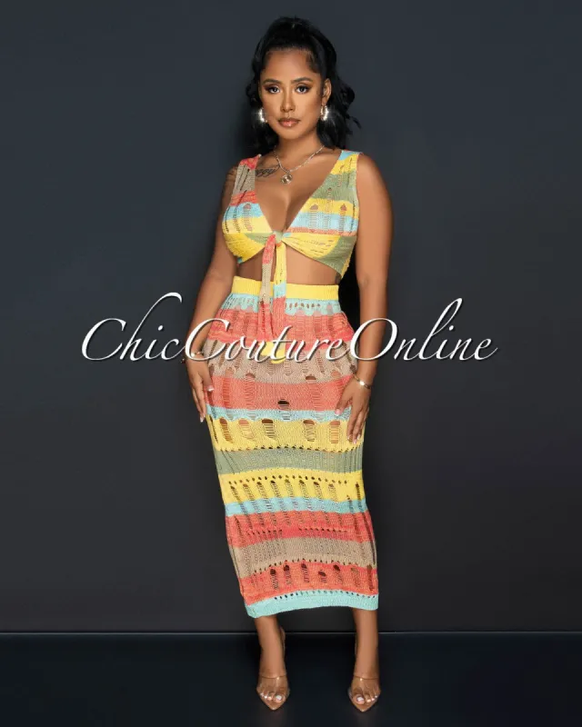Josue Multi-Color Stripes Front Tie Top & Maxi Skirt Crochet Set sold by Chic Couture