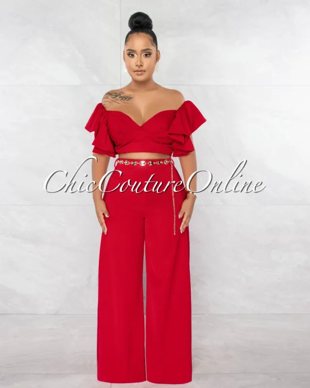 Farida Red Ruffle Crop Top & Gold Link Belt Wide Pants Set sold by Chic Couture