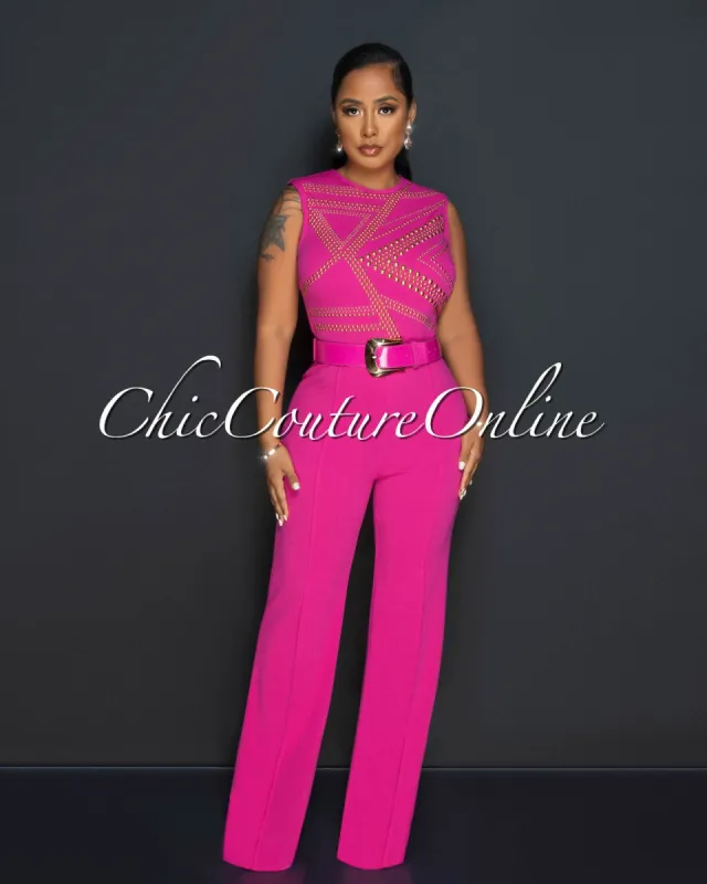 Marlisa Fuchsia Gold Studs Gold Buckle Belt Jumpsuit sold by Chic Couture