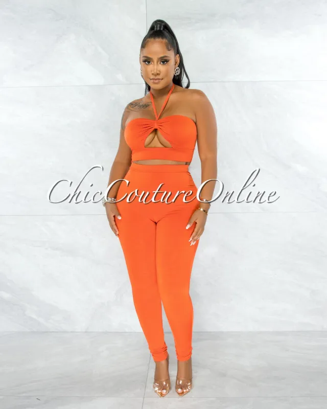 Hudel Orange Bust Key-Hole Crop Top & Double Lined Leggings Set sold by Chic Couture