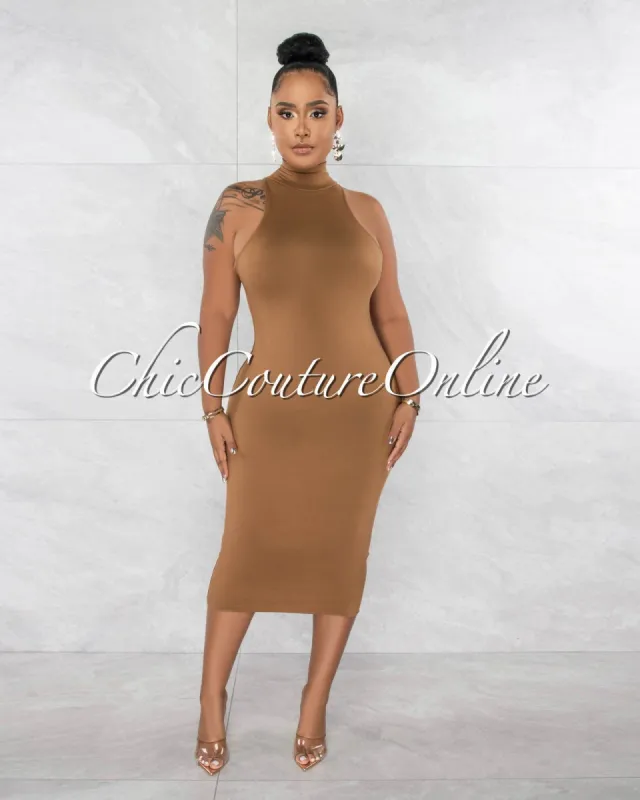 Nassia Mocha Mock Neckline Double Lined Midi Dress sold by chic