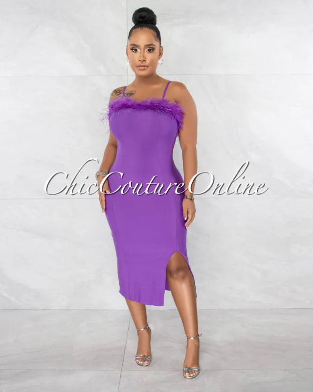 *Henda Purple Feather Neckline Midi Bandage Dress sold by Chic Couture