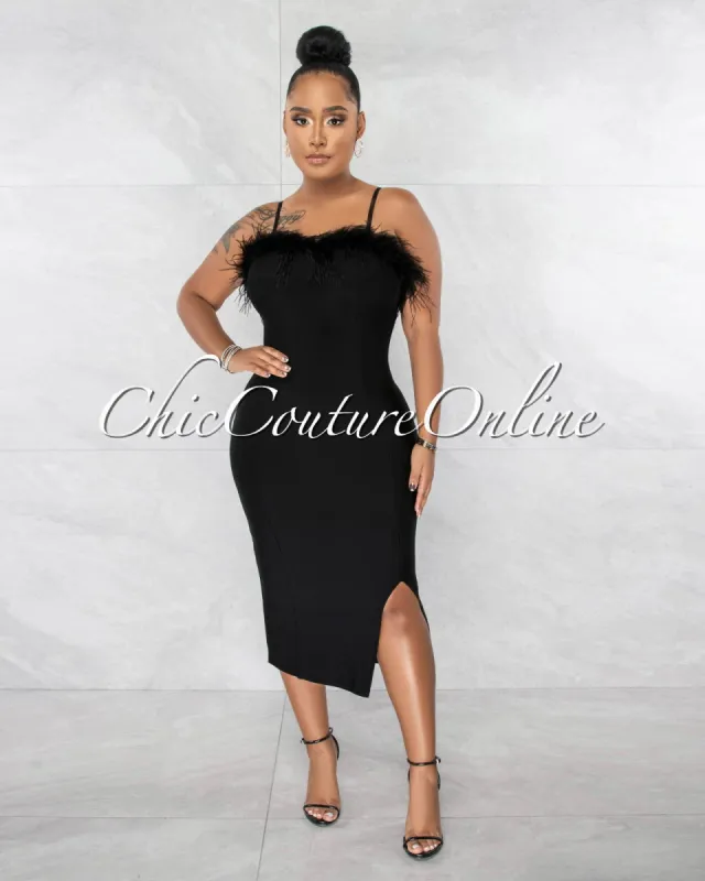 *Henda Black Feather Neckline Midi Bandage Dress sold by chic