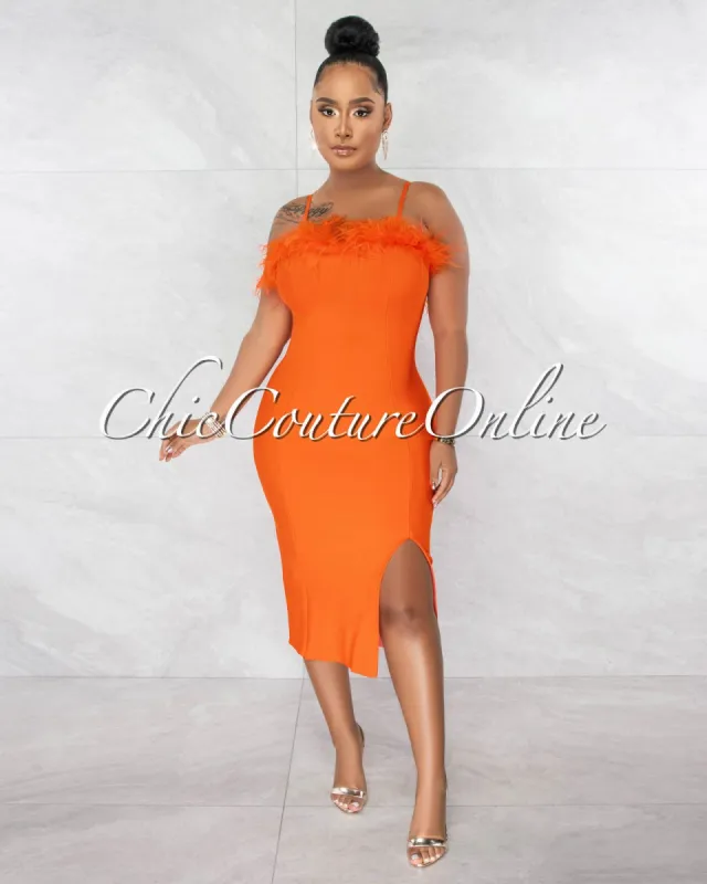 *Henda Orange Feather Neckline Midi Bandage Dress sold by Chic Couture