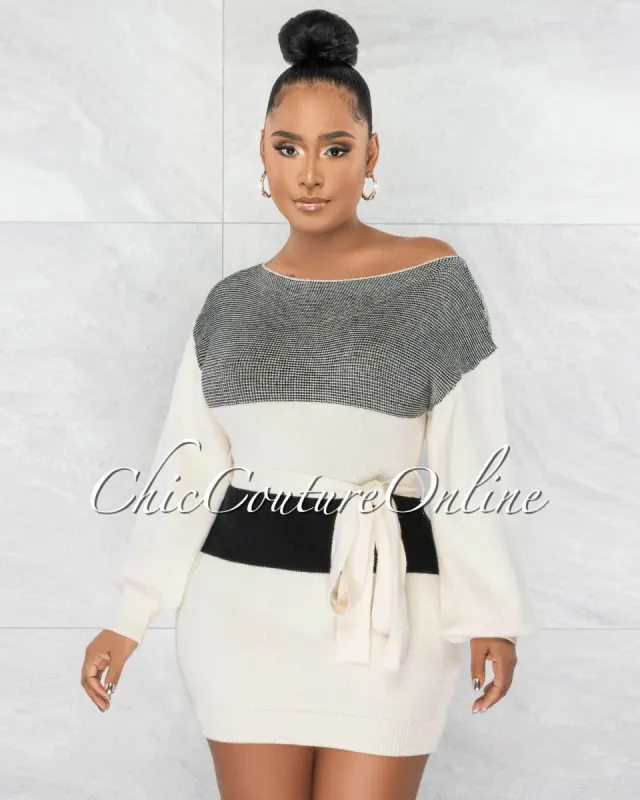 Radia Black Cream Knit Long Sleeves Sweater Dress sold by chic