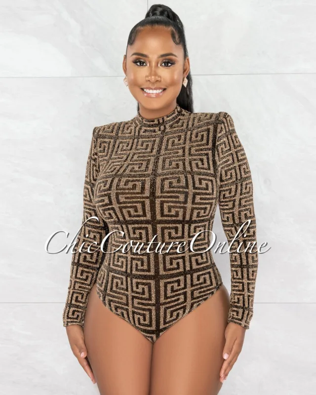 Yeira Black Gold Fret Print Shimmer Mesh Bodysuit sold by chic
