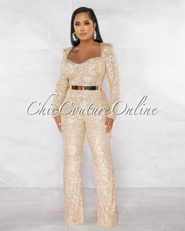 Cooner Rose Gold Sequins Gold Bendable Belt Jumpsuit sold by chic