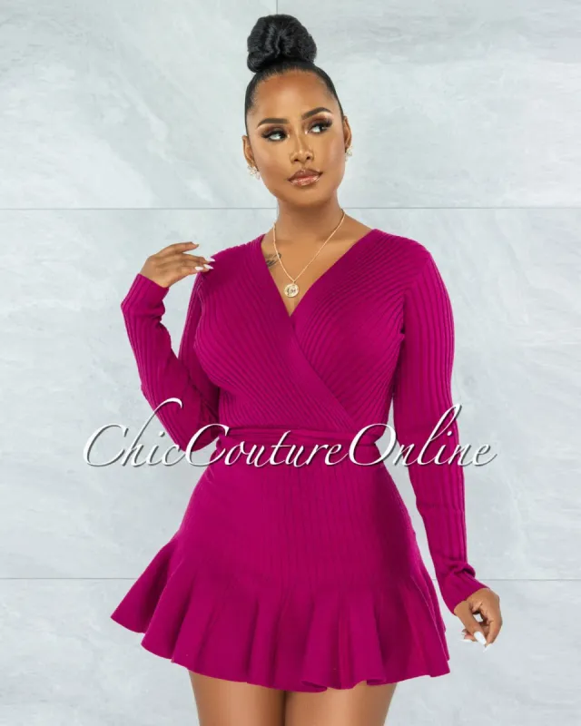 *Innisse Magenta Ribbed Flare Bottom Ultra Mini Dress sold by Chic Couture
