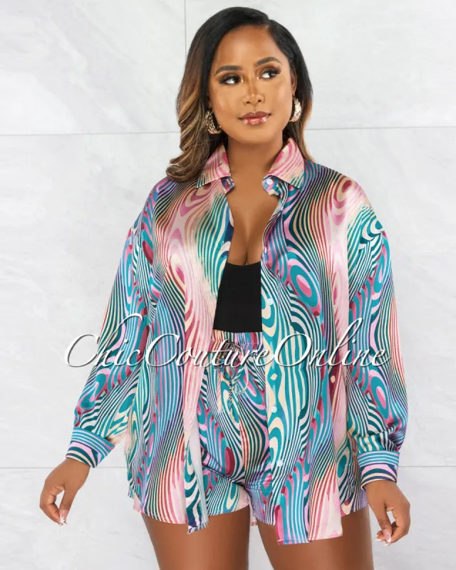 Orlea Multi Retro Print Buttoned Top & Shorts Silky Set sold by chic