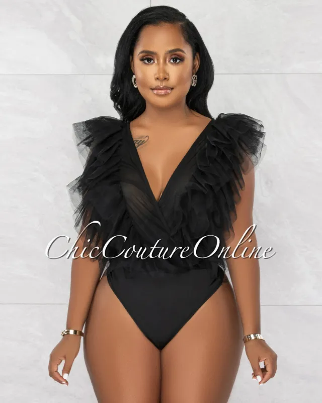 Emma Black Mesh See-Through Deep V Ruffle Bodysuit sold by chic