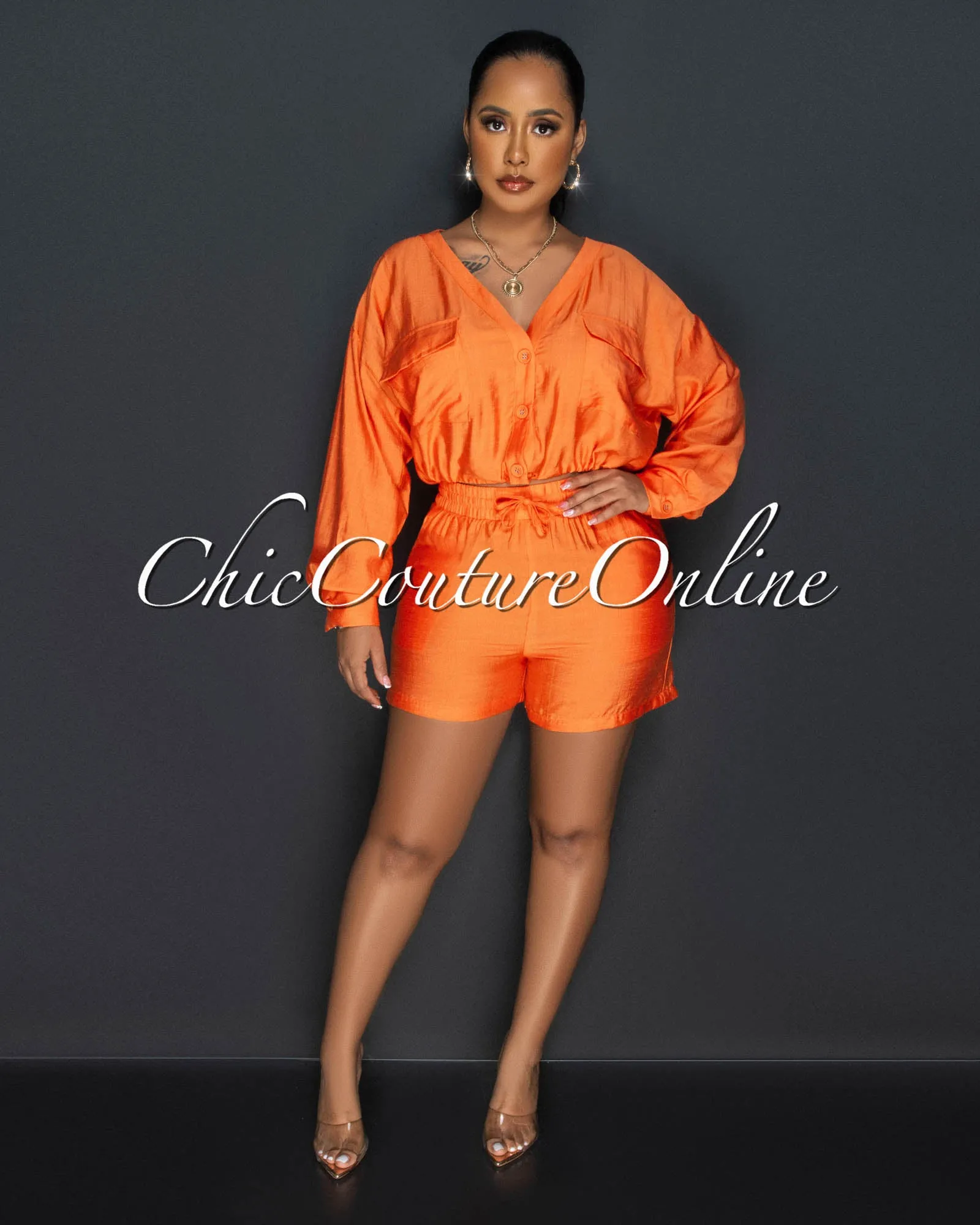 *Amerson Orange Crop Top & Shorts Set sold by Chic Couture