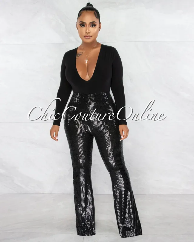 *Adael Black Sequins Bell Legs Pants sold by Chic Couture