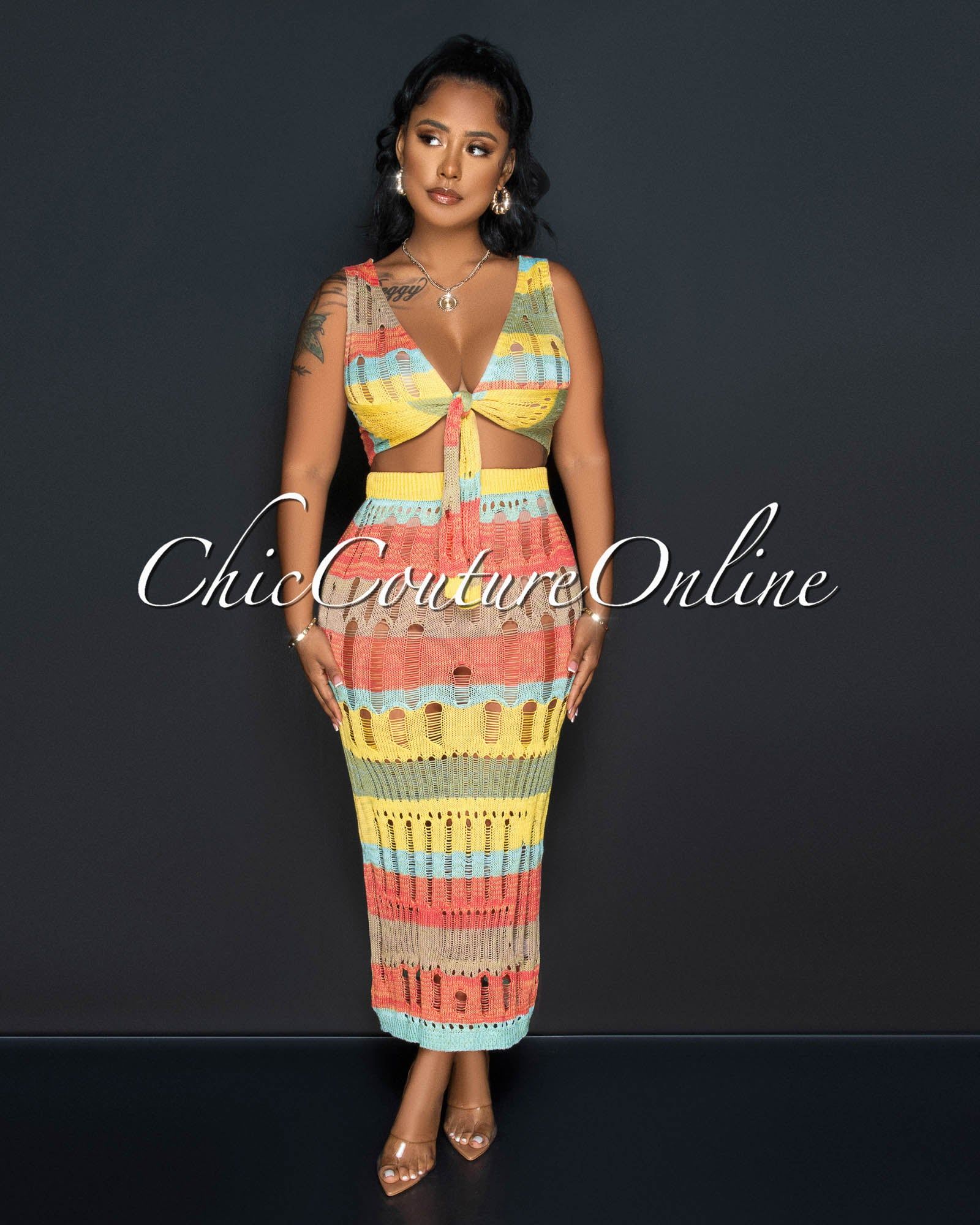 Josue Multi-Color Stripes Front Tie Top & Maxi Skirt Crochet Set sold by Chic Couture product image thumbnail 2