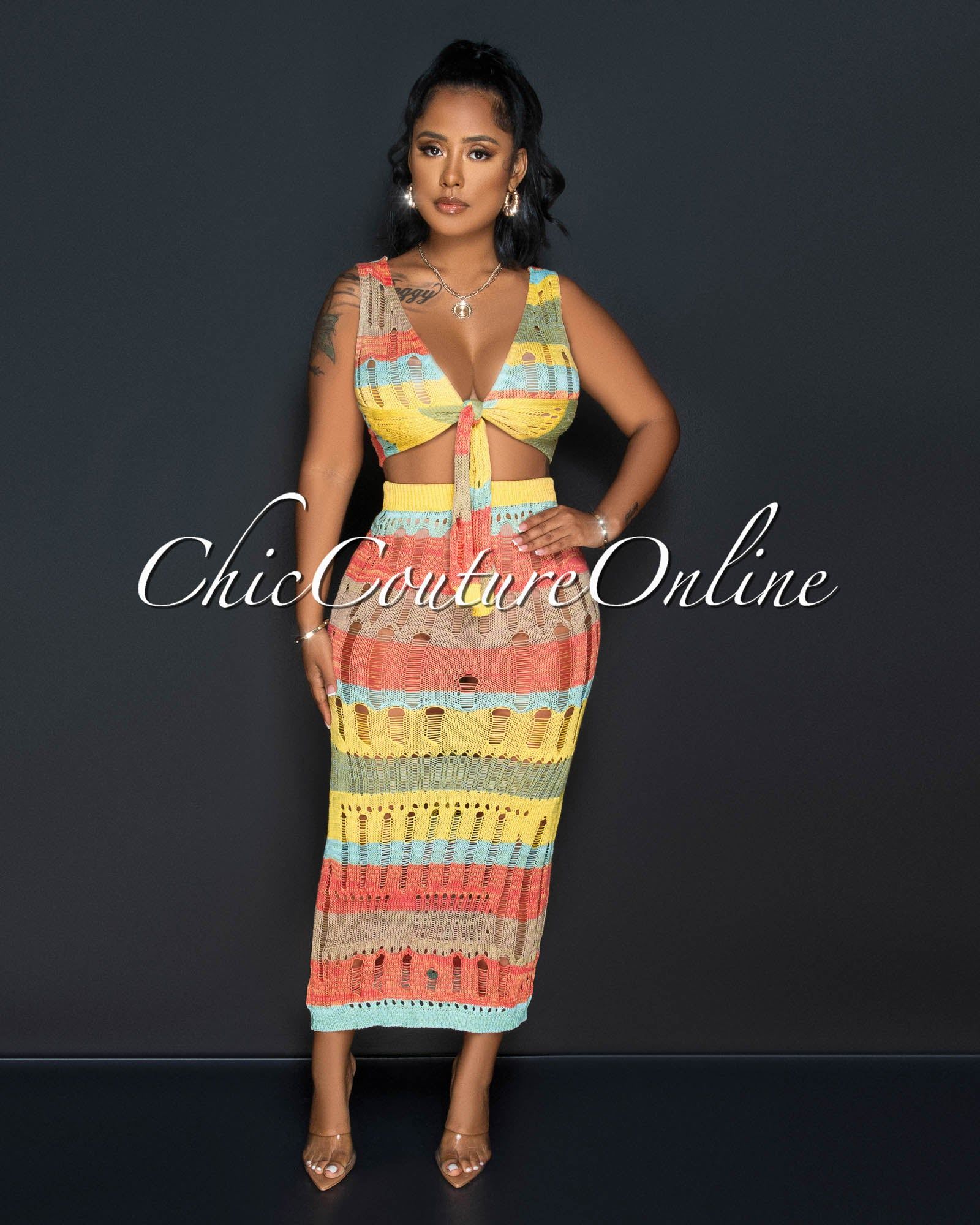 Josue Multi-Color Stripes Front Tie Top & Maxi Skirt Crochet Set sold by Chic Couture product image thumbnail 3