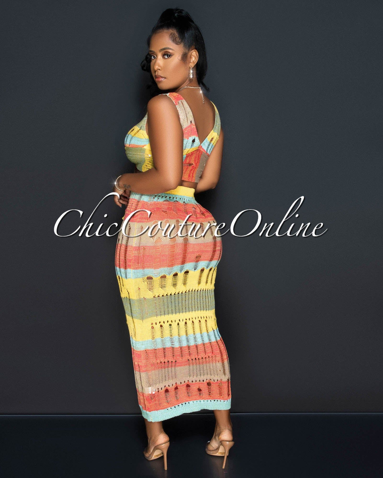Josue Multi-Color Stripes Front Tie Top & Maxi Skirt Crochet Set sold by Chic Couture product image thumbnail 4