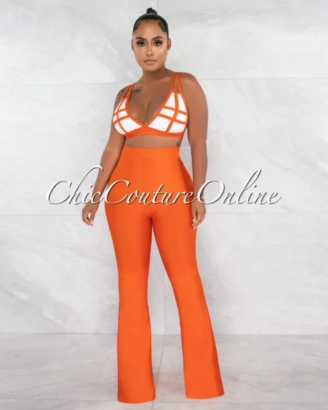 *Hiero Orange White Crop Top & Bell Legs Pants Bandage Set sold by Chic Couture