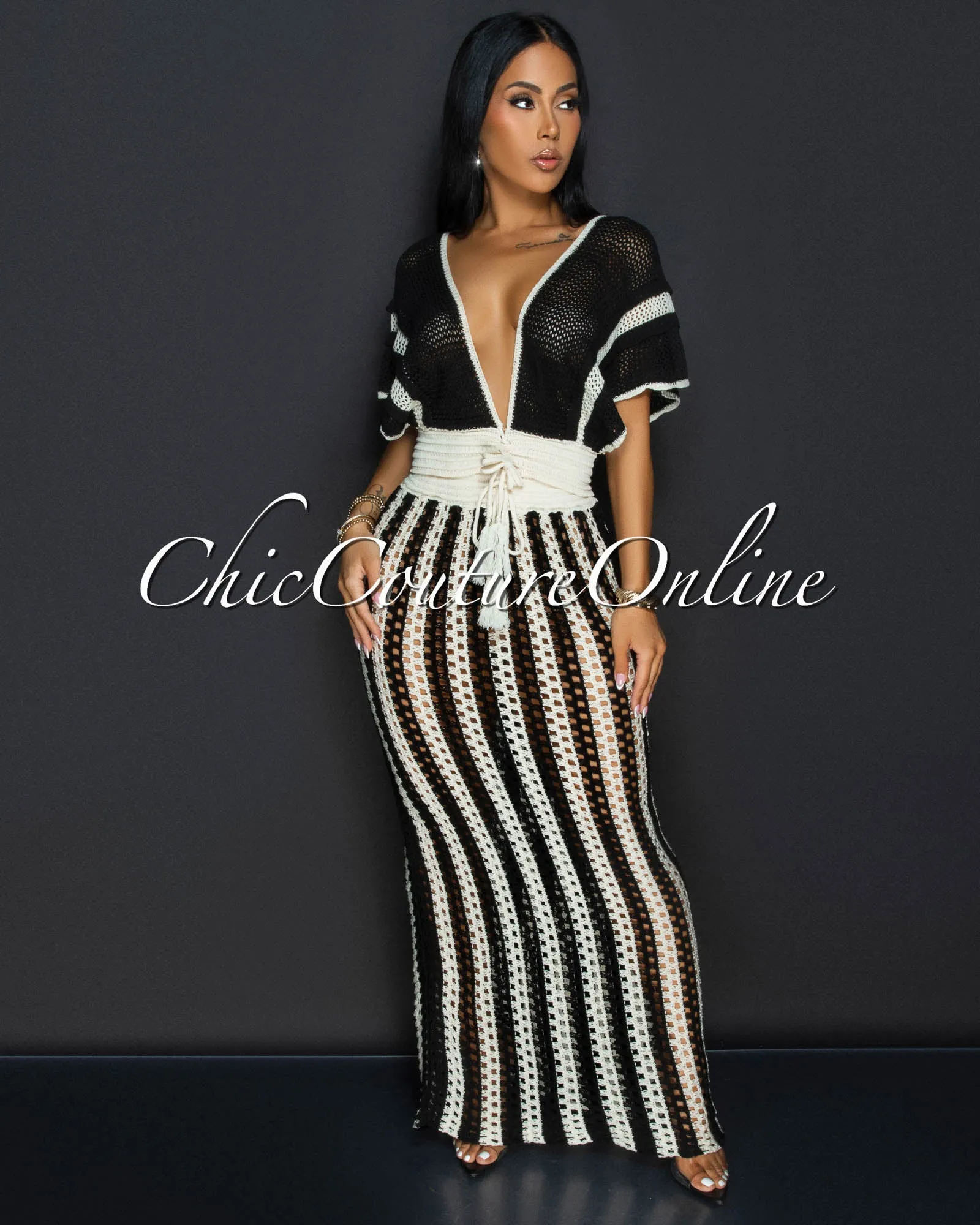 Abani Black Nude Crop Top & Maxi Skirt Crochet Set sold by Chic Couture