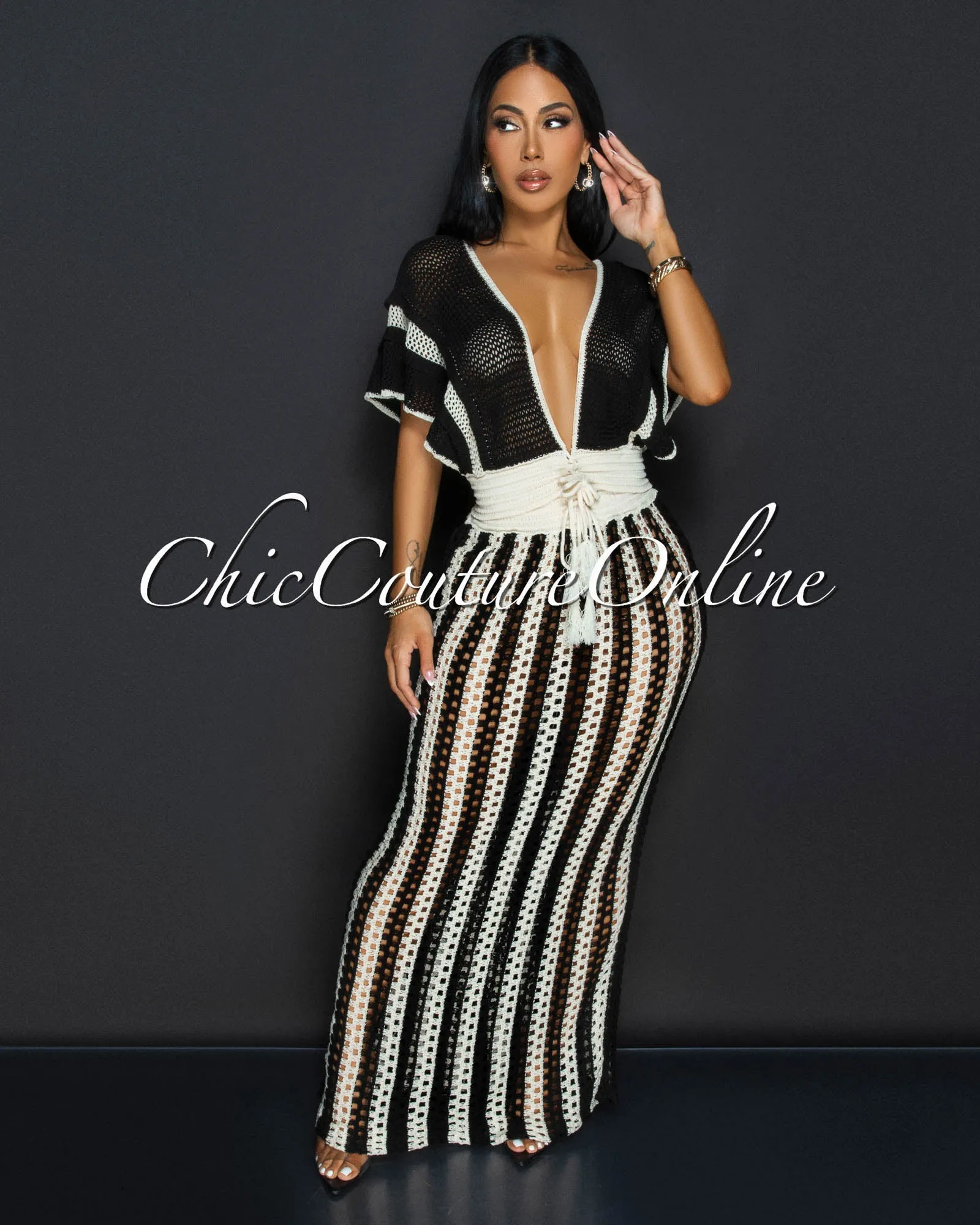 Abani Black Nude Crop Top & Maxi Skirt Crochet Set sold by Chic Couture product image thumbnail 2