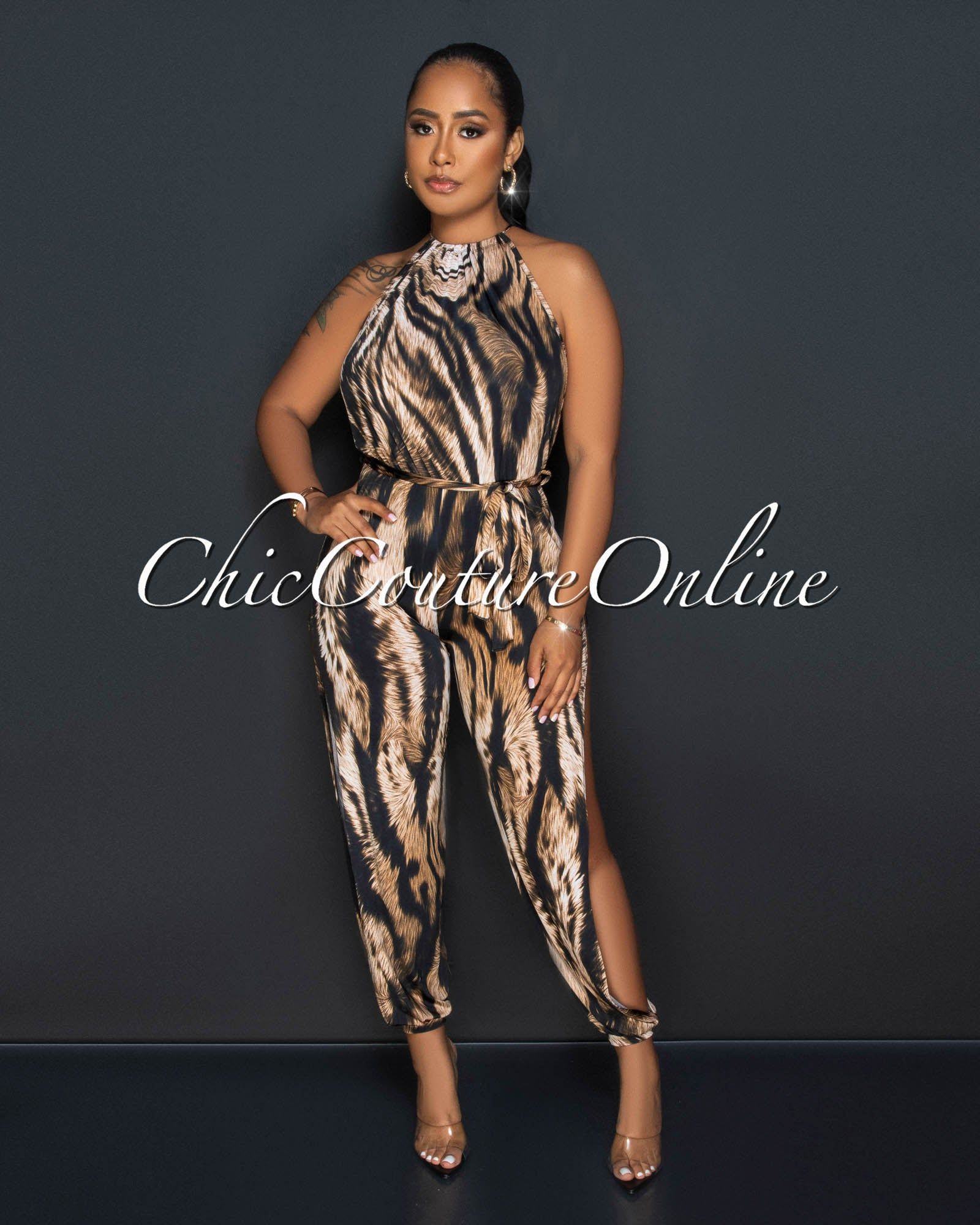 Engracia Brown Tiger Print Leg Slit Jogger Jumpsuit sold by Chic Couture product image thumbnail 3