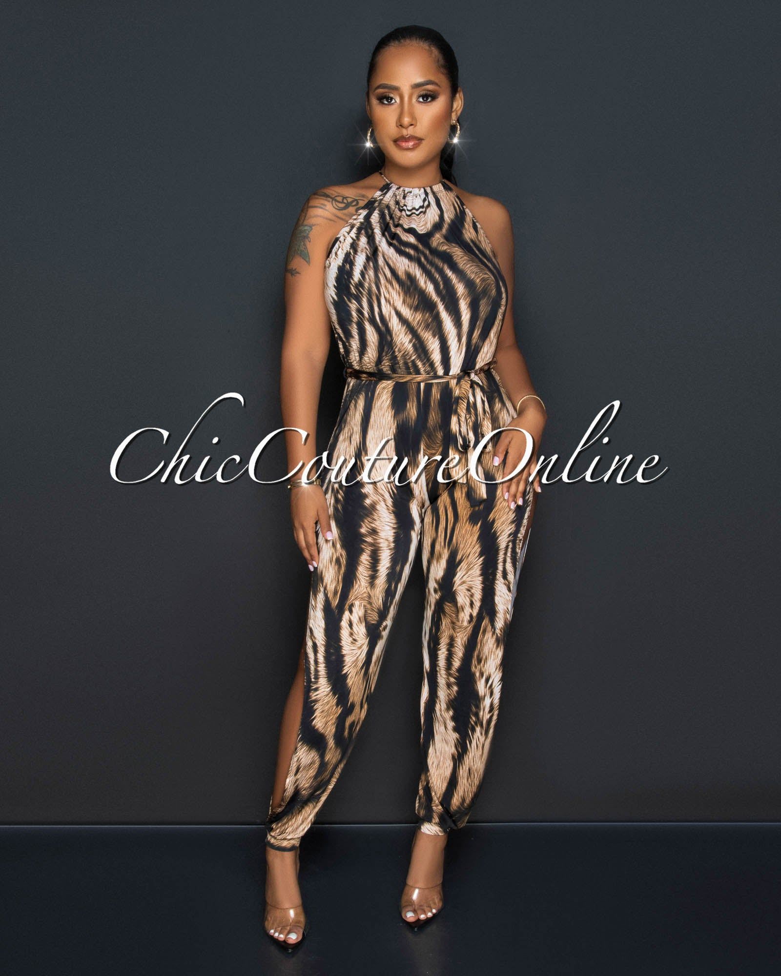 Engracia Brown Tiger Print Leg Slit Jogger Jumpsuit sold by Chic Couture product image thumbnail 2