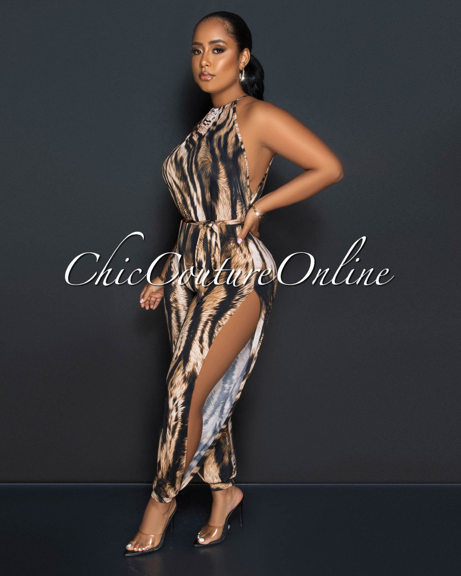 Engracia Brown Tiger Print Leg Slit Jogger Jumpsuit sold by Chic Couture