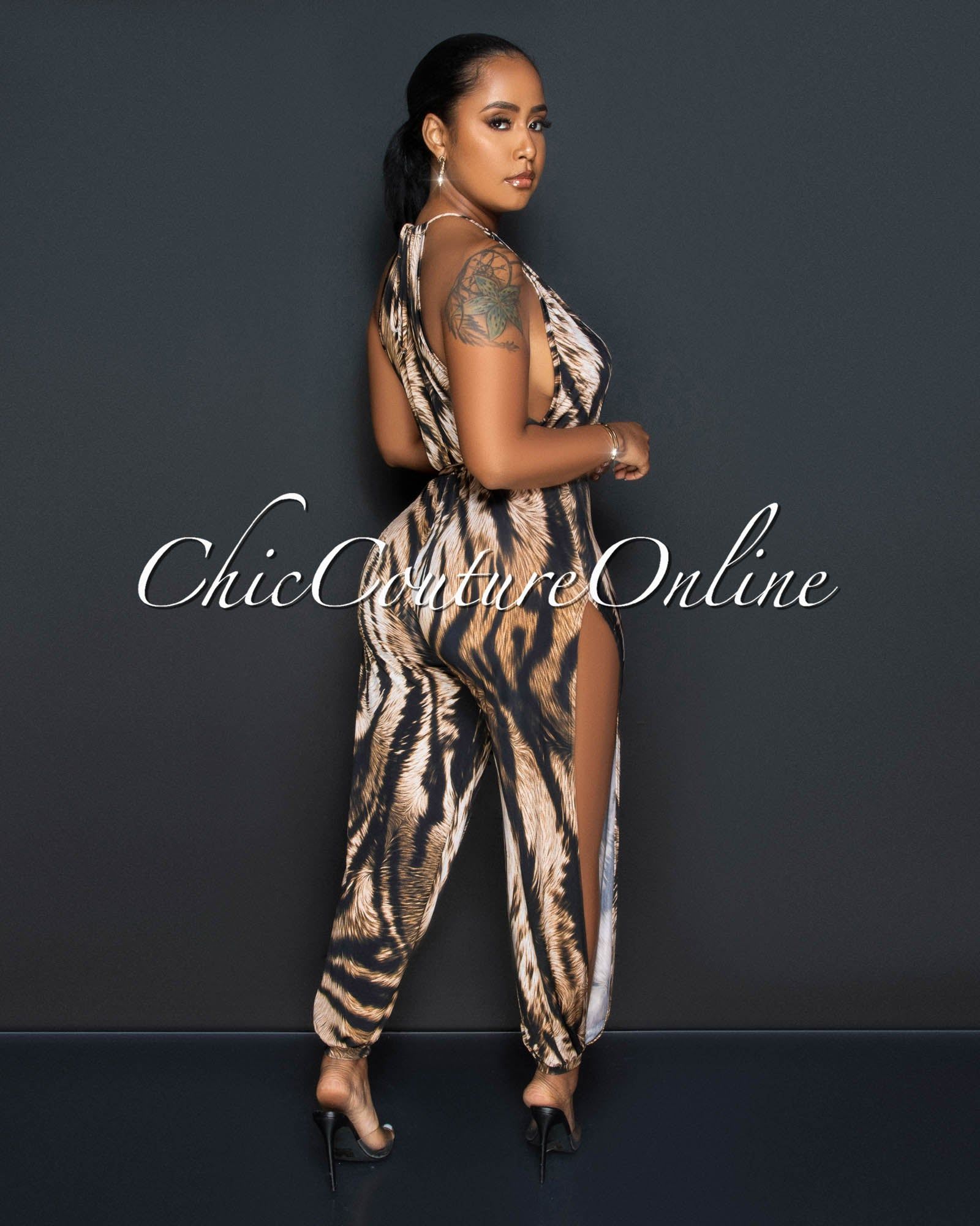 Engracia Brown Tiger Print Leg Slit Jogger Jumpsuit sold by Chic Couture product image thumbnail 4