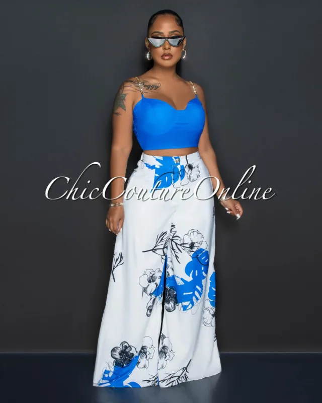 *Annya Blue Gold Link Straps Crop Top & White Print Pants Set sold by Chic Couture