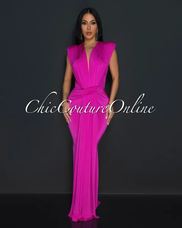 Alea Fuchsia Sleeveless Deep V Neck Maxi Dress sold by Chic Couture