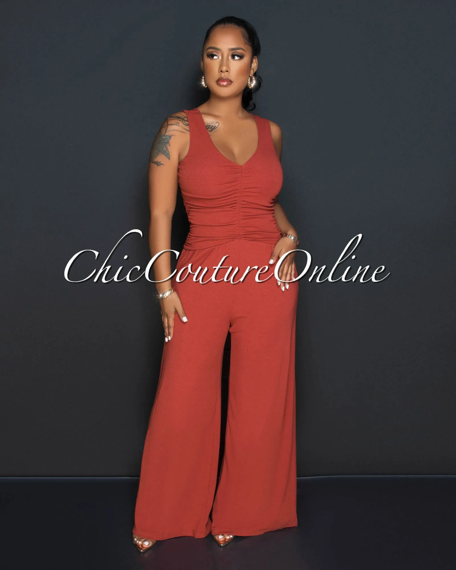 *Beverly Brick Ruched Bust Back Key-Hole Jumpsuit sold by Chic Couture product image thumbnail 3
