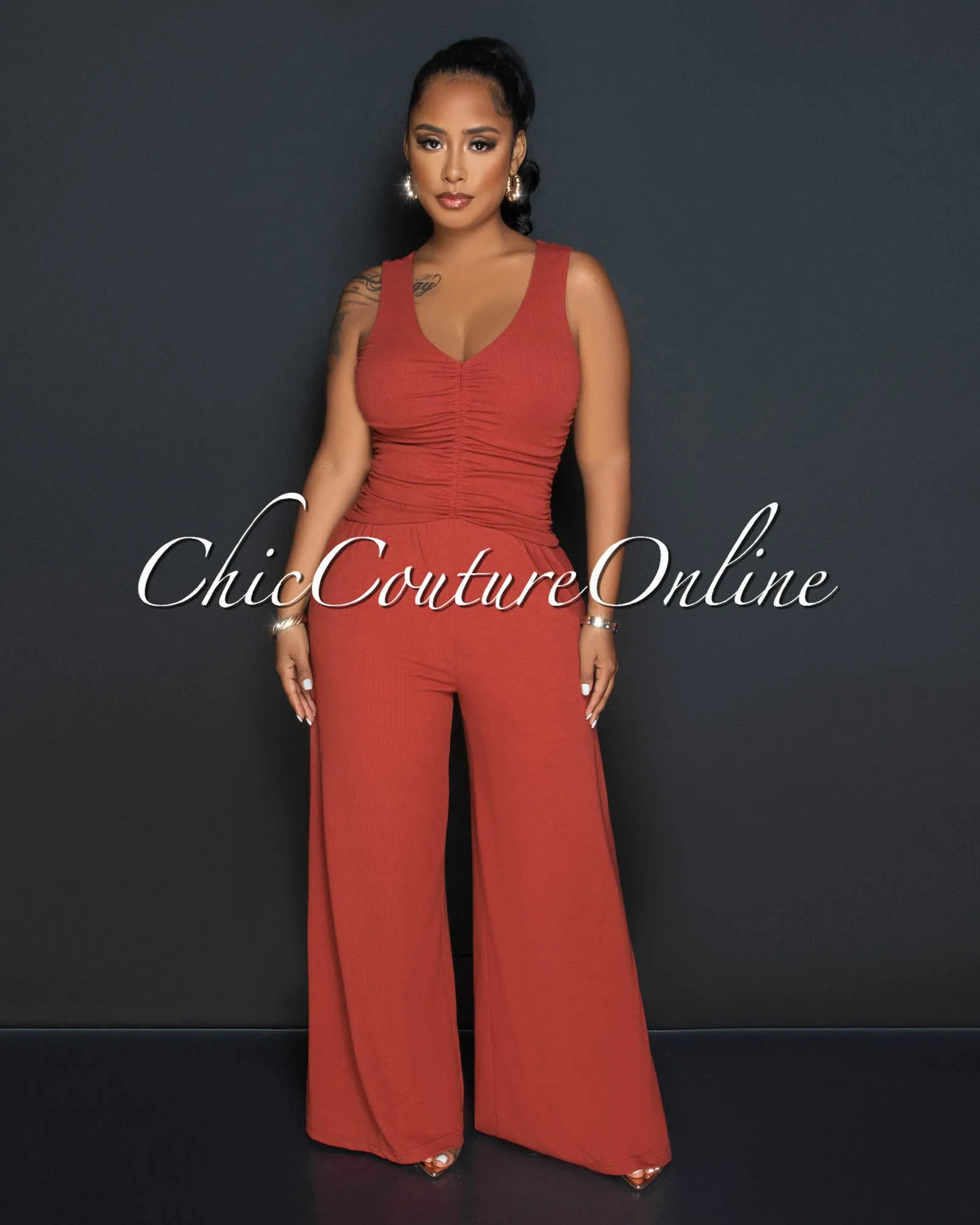 *Beverly Brick Ruched Bust Back Key-Hole Jumpsuit sold by Chic Couture product image thumbnail 2