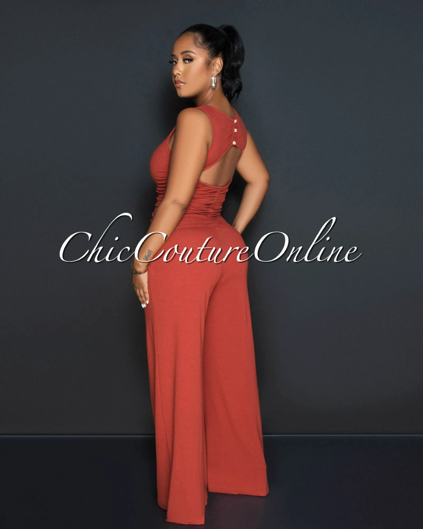 *Beverly Brick Ruched Bust Back Key-Hole Jumpsuit sold by Chic Couture