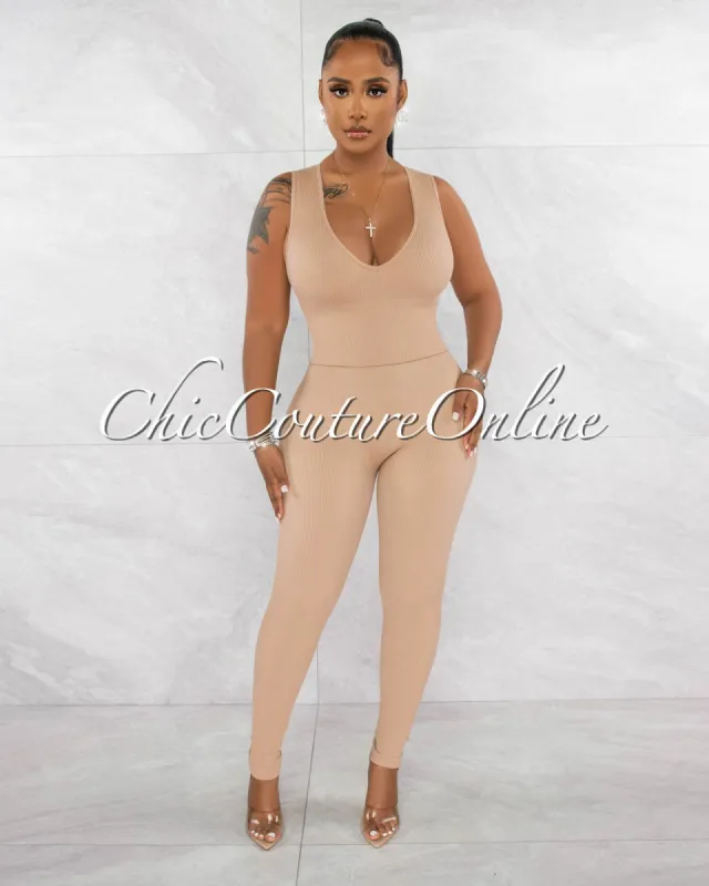 Leonette Taupe Ribbed SCULPTING Crop Top & Leggings Set sold by Chic Couture
