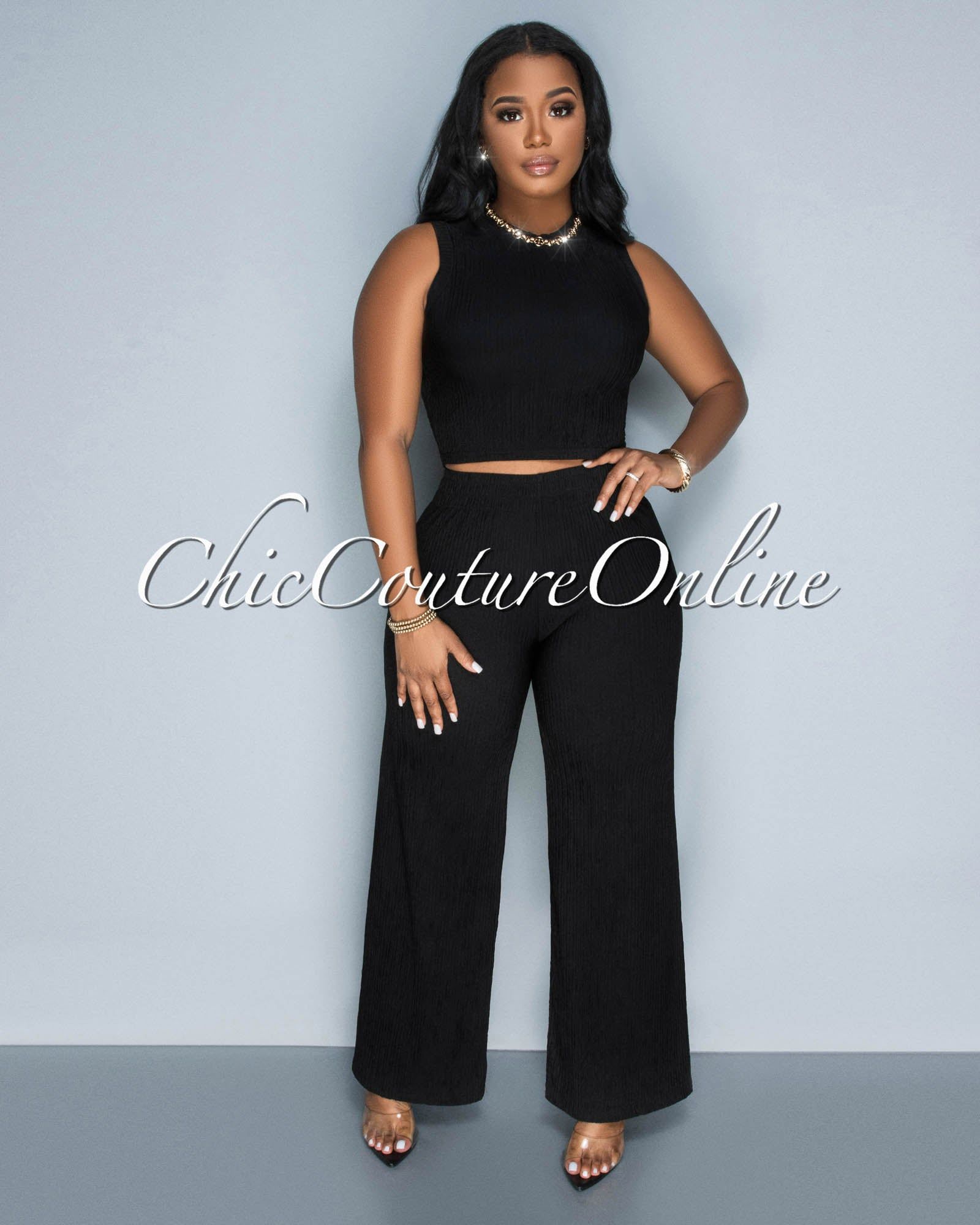 Katye Black Front Crop Top & Wide Pants Textured Set sold by Chic Couture product image thumbnail 2
