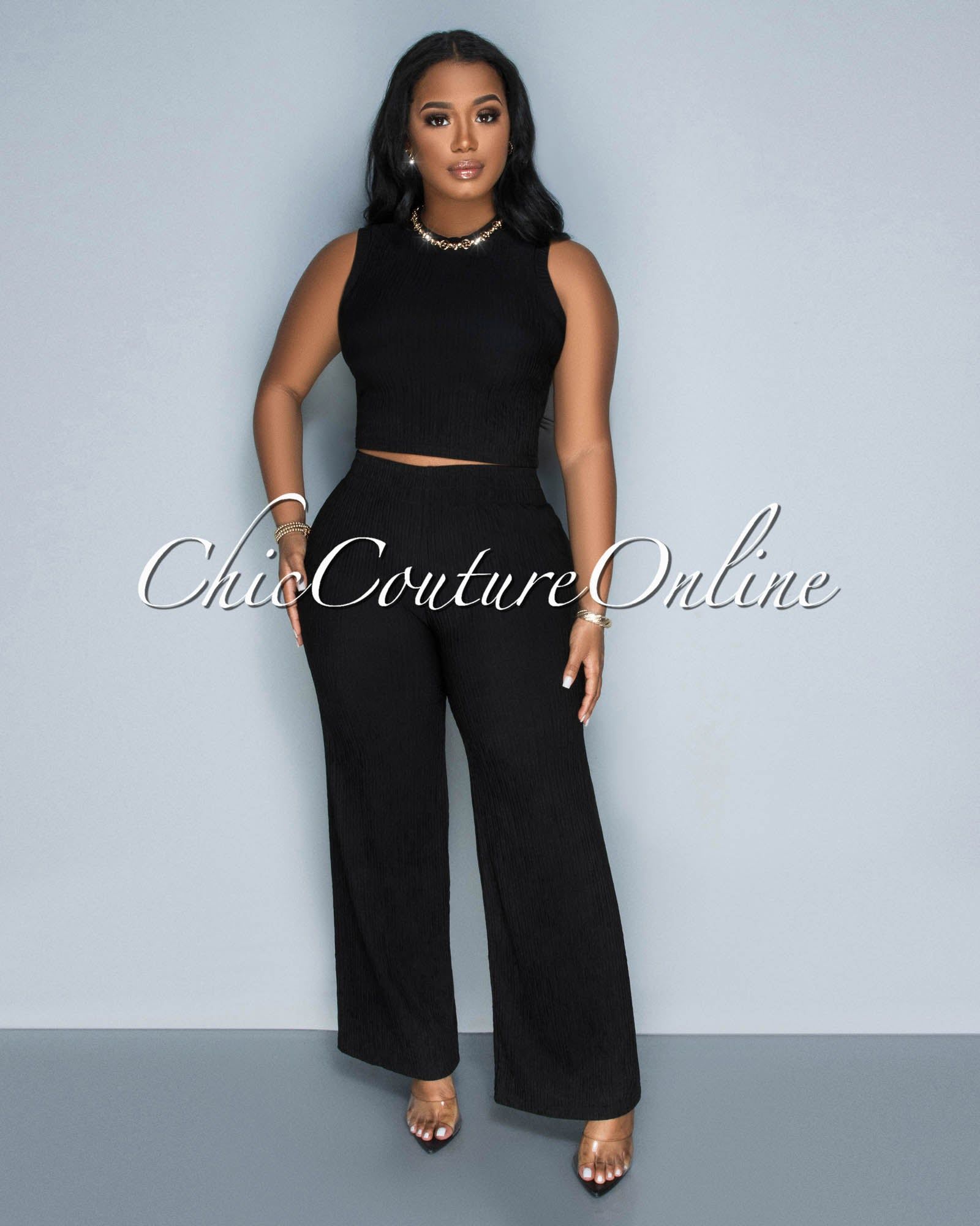 Katye Black Front Crop Top & Wide Pants Textured Set sold by Chic Couture
