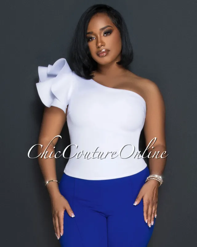 *Baier White Single Shoulder Ruffle Statement Ponti Top sold by Chic Couture