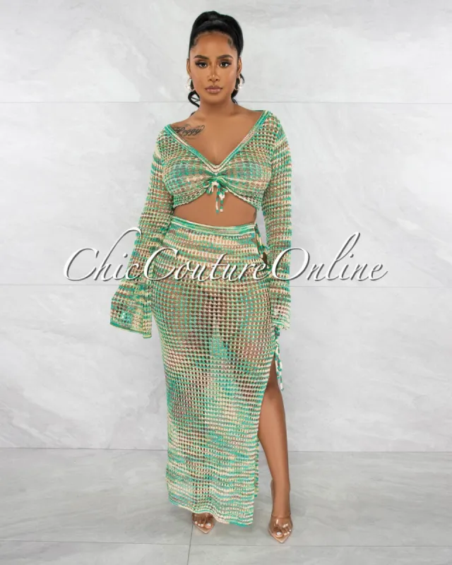 *Gregory Jade Multi-Color Top & Crochet Cover-Up Maxi Skirt Set sold by Chic Couture
