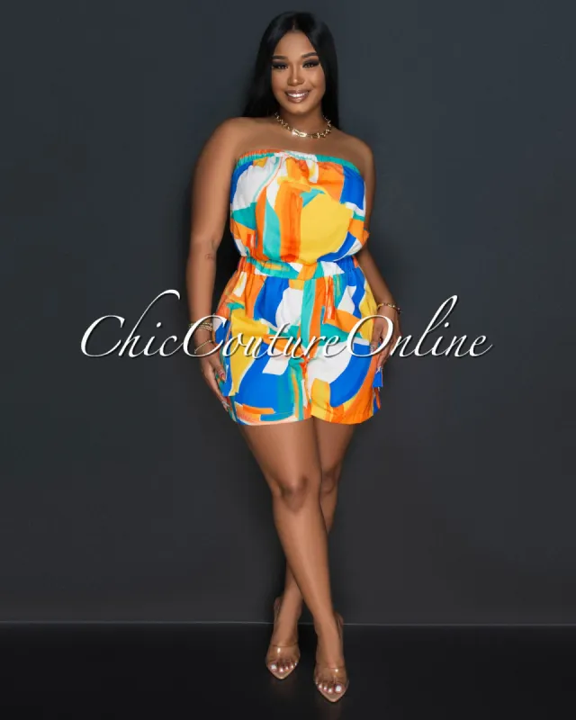 *Blanka Cream Multi-Color Print Cargo Strapless Romper sold by Chic Couture