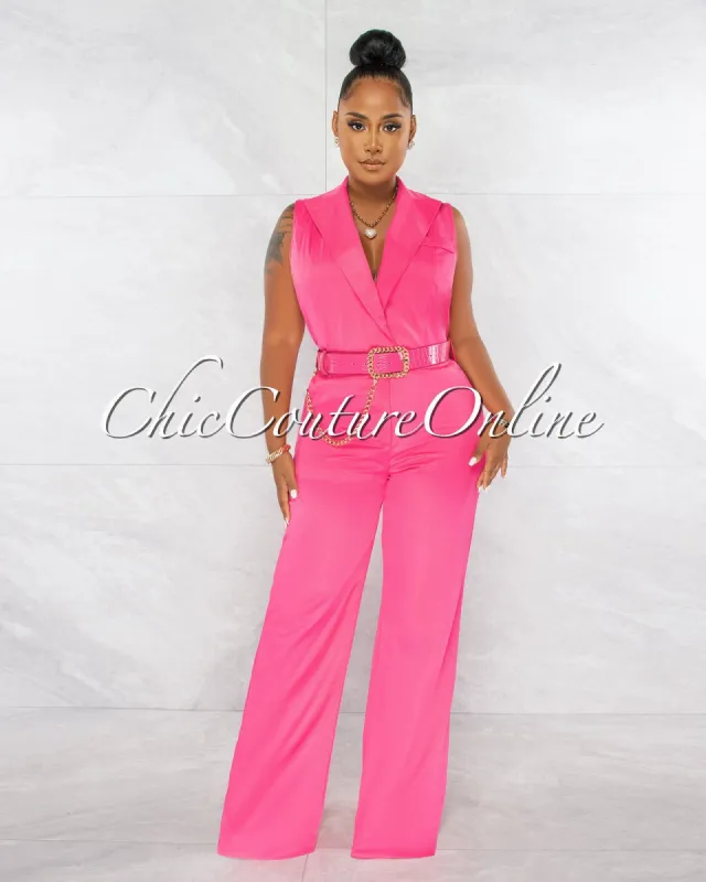 *Jared Hot Pink Croc Gold Link Belt Luxe Jumpsuit sold by Chic Couture