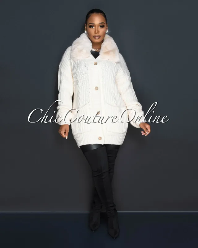 *Dixia Nude Faux Fur Neckline Cable Knit Cardigan sold by Chic Couture