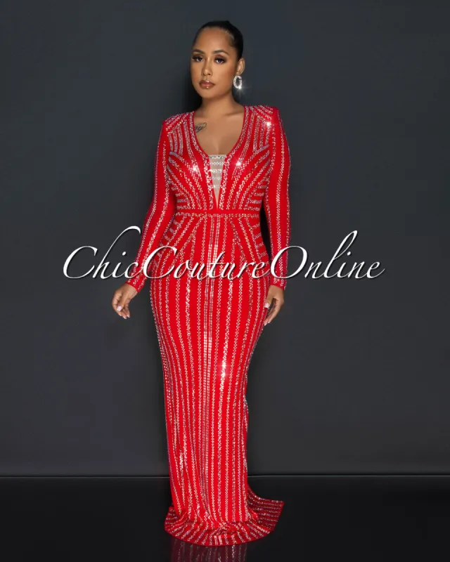 Demetria Red Silver Rhinestones Maxi Dress sold by Chic Couture