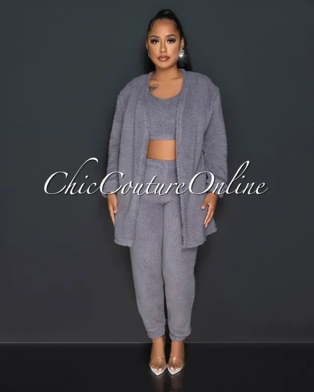 Evenson Grey Faux Fur Crop Top - Pants & Duster Set sold by Chic Couture