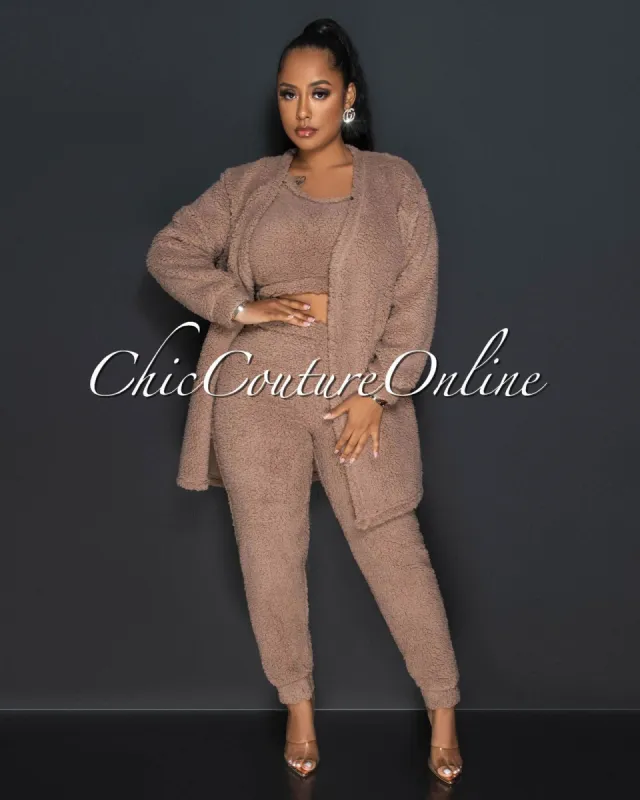 Evenson Mocha Faux Fur Crop Top - Pants & Duster Set sold by Chic Couture